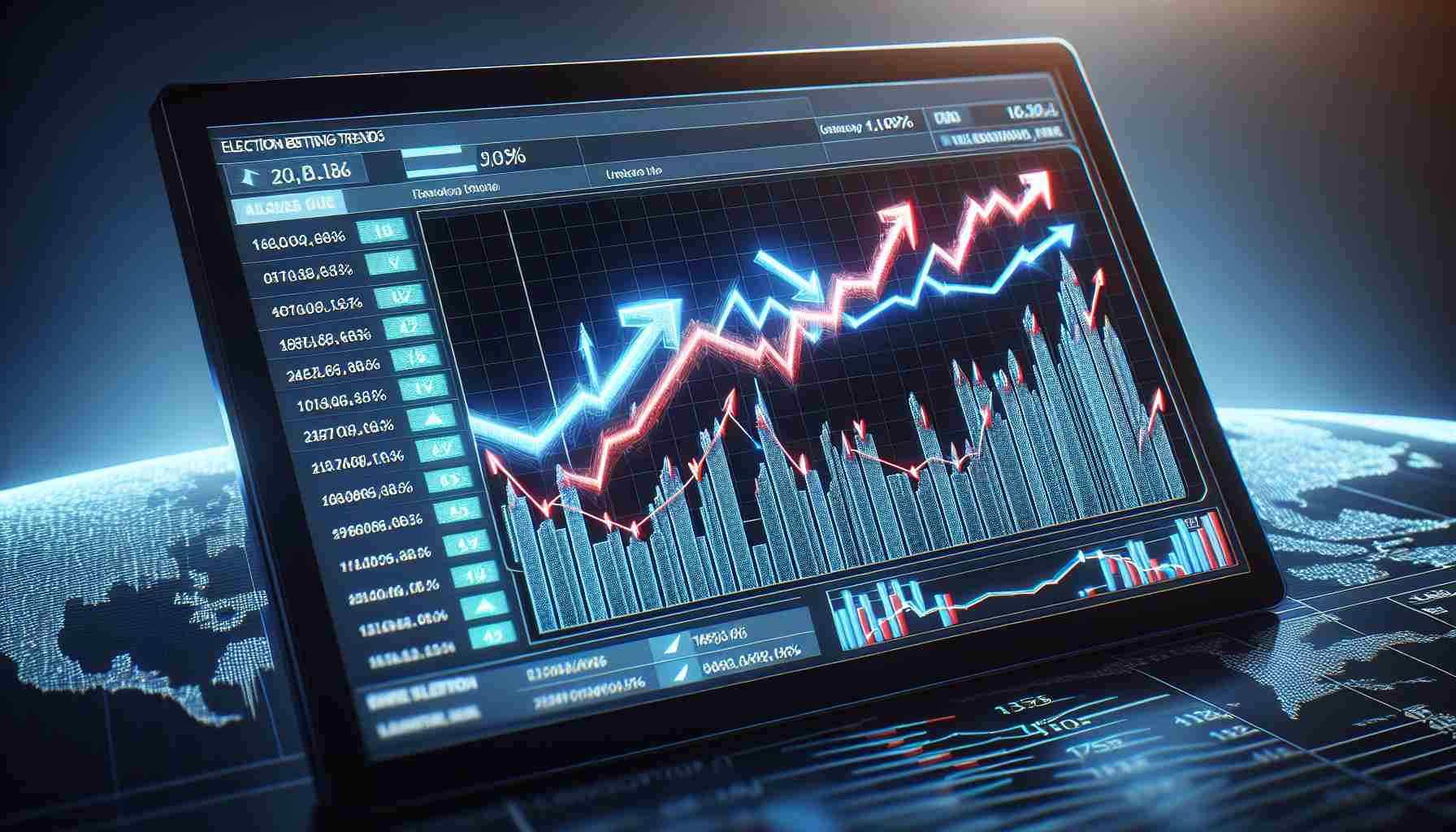 A realistic, high-definition image of a fluctuation in election betting trends represented on a digital market platform. There are arrows pointing both upwards and downwards, signifying the changes in betting trends. The screen displays detailed data for various election bets. Please make sure that it doesn't represent any real politician or political event.