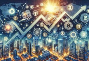 Realistic high-definition image depicting the concept of 'The Rise of Tokenized Real-World Assets in Traditional Finance'. It includes visual elements such as traditional financial symbols like bank buildings and stock market graphs, coupled with symbols of digital technology like cryptocurrency tokens and blockchain network diagrams. Add a dynamic visual representation of the rise, which might be enacted by ascending arrows or an upward-moving wave. Also, integrate real-world assets like images of real estate, gold, and other tangible resources.