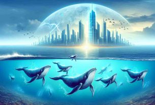 Create a realistic and high-definition metaphorical image of a group of whales (as a symbol for major investors) being safely afloat and strong in an ocean, with a futuristic city visible in the far horizon (symbolizing dogecoin's future). The whales should exhibit confident postures, and the city should be gleaming and promising.