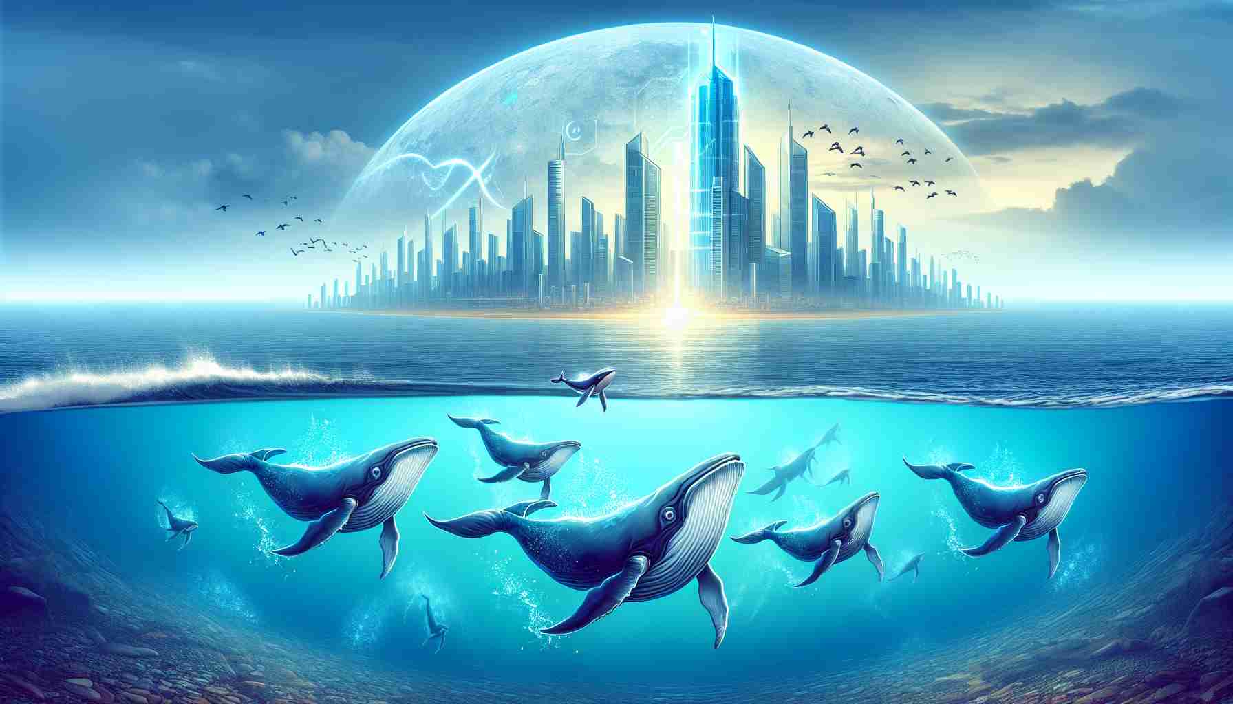 Create a realistic and high-definition metaphorical image of a group of whales (as a symbol for major investors) being safely afloat and strong in an ocean, with a futuristic city visible in the far horizon (symbolizing dogecoin's future). The whales should exhibit confident postures, and the city should be gleaming and promising.