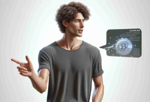 Realistic HD photo of a tall, slender tech innovator with curly brown hair endorsing a new blockchain initiative. He is depicted wearing a casual T-shirt, conversing passionately about the possibilities of this new technology.