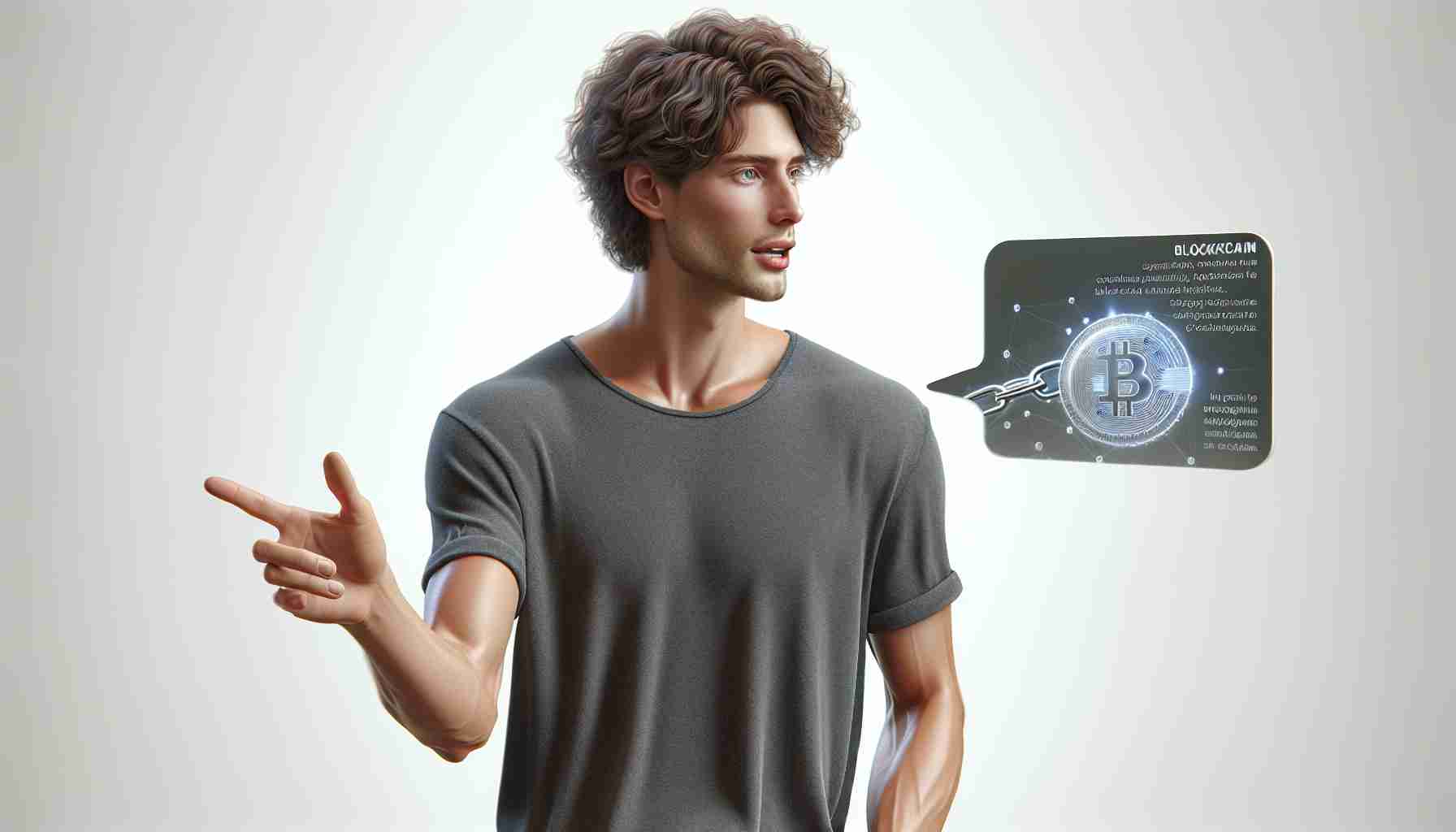 Realistic HD photo of a tall, slender tech innovator with curly brown hair endorsing a new blockchain initiative. He is depicted wearing a casual T-shirt, conversing passionately about the possibilities of this new technology.