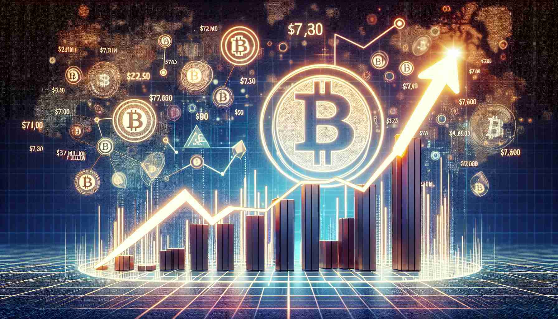 Create a realistic high-definition image representing the concept of recovery for Bitcoin ETFs, shown by depicting a significant increase in inflows, symbolized by a number around $73 million. This could be illustrated by a chart or graph, with lines or bars indicating the upward trend, prominently featuring the number $73 million. The background could feature abstract symbols of finance and cryptocurrency like Bitcoin symbols and logos.