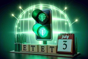 Generate a realistic, high-definition image of a projected green traffic light reflecting the concept 'Ethernet ETF' with an accompanying calendar marking the month of July, specifically in the early part of the month.