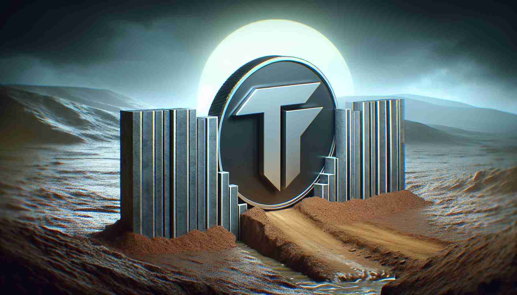 Realistic high-definition image of the concept 'Toncoin Struggles to Overcome Market Resistance'. Visualization of the digital asset Toncoin represented in a physical form, positioned before a metaphorical barrier symbolizing market resistance. The barrier could be a solid wall, or a steep hill, for instance. The setting is uncertain and gloomy, evoking the struggle to overcome obstacles.