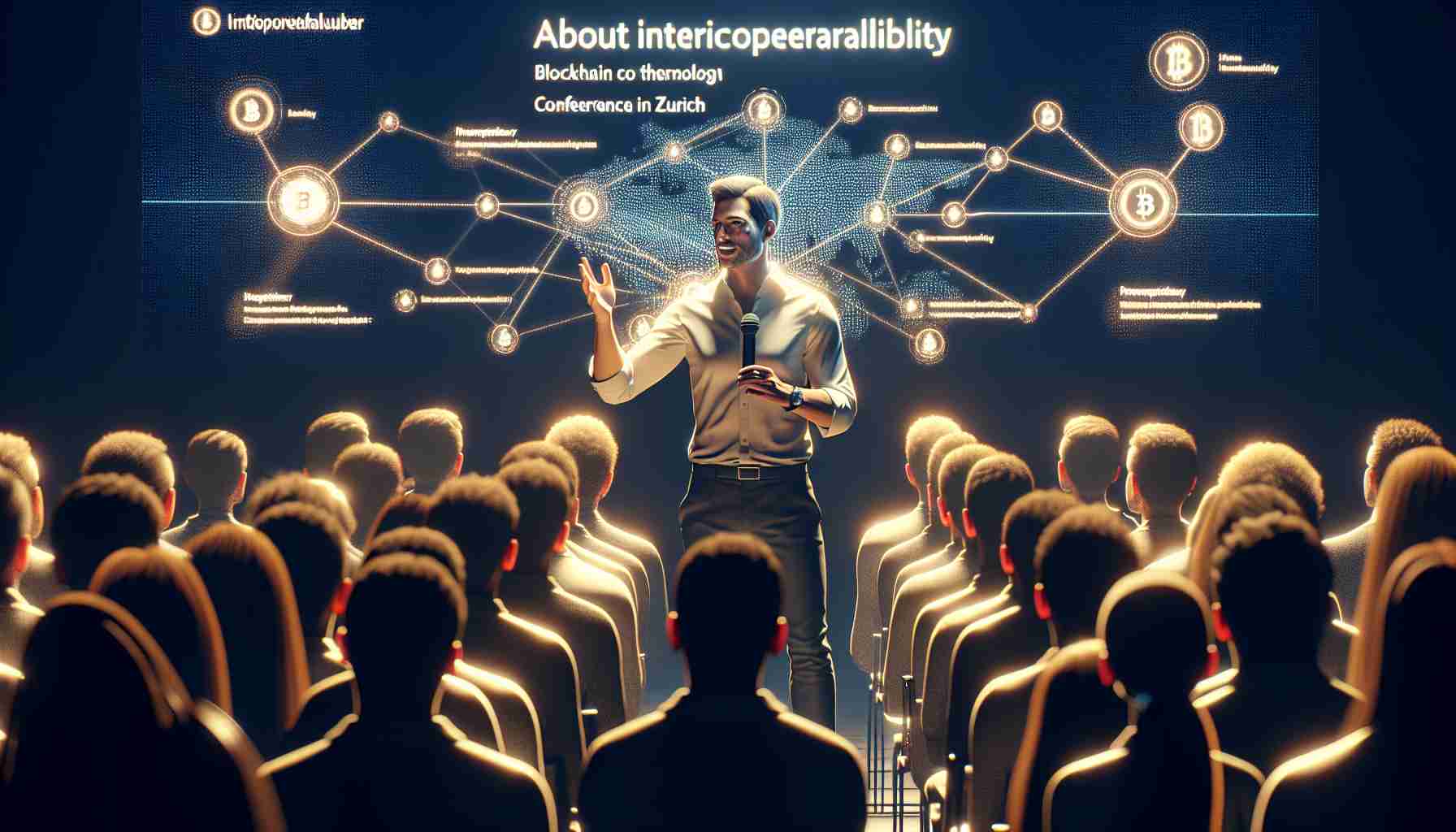 Generate a realistic HD image of a male blockchain co-founder of an innovative tech company. He's identified as a Southern European, preferably Greek descent. He is addressing a crowd at a technology conference in Zurich about interoperability. Illuminate the scene with the enlightenment of artistry, showing him passionately discussing his ideas while the audience listens attentively.