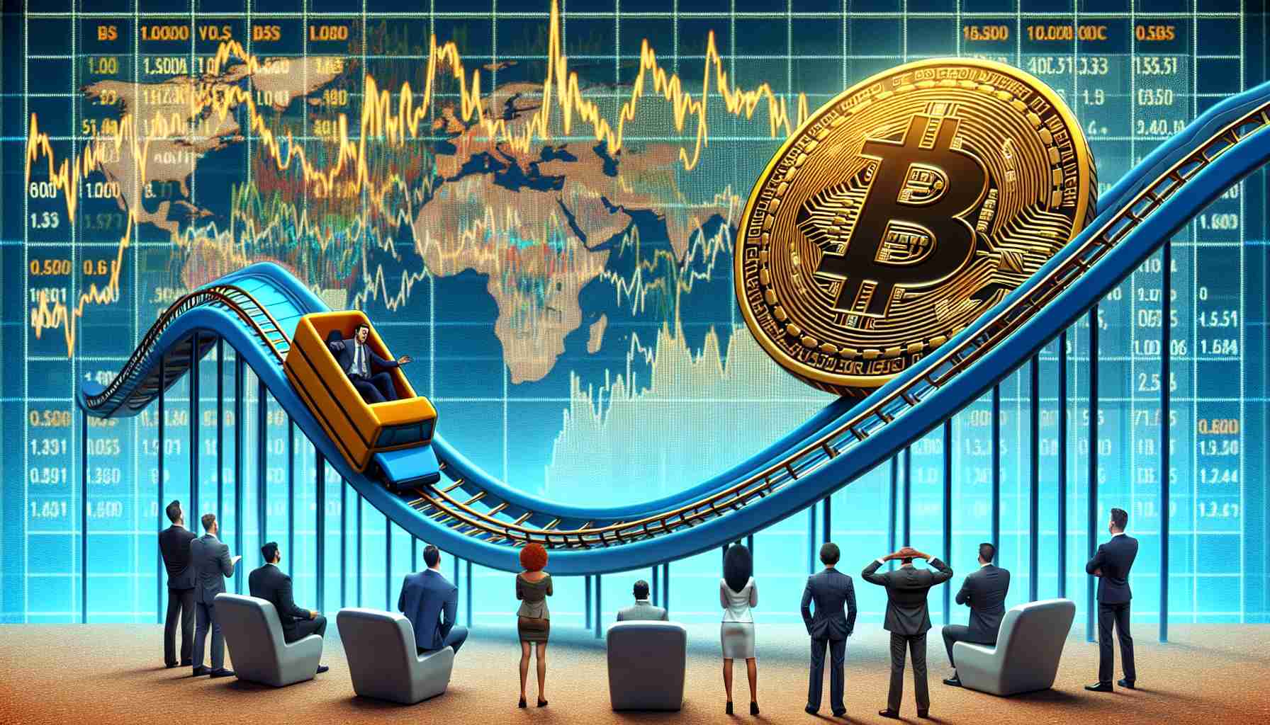 A high-definition, realistic scene depicting the concept of Bitcoin experiencing a slight pullback amidst market uncertainty. This could be symbolically represented by a large Bitcoin symbol on a roller coaster track that is just beginning to slope downward, set against a confusing and tumultuous market graph backdrop. On the ground, several traders of diverse descents and genders, including a Black female trader and a Caucasian male trader, are observing the situation with varied expressions of concern and anticipation.