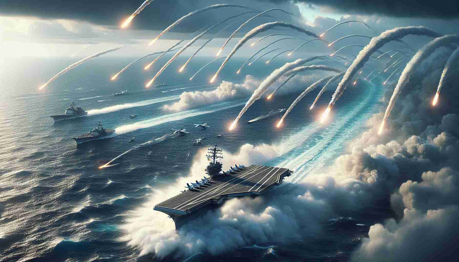 Illustrate a detailed and realistic scene in high definition of missiles being fired into a body of water, representing the Gulf of Aden. A U.S. aircraft carrier is seen in this scenario, unharmed and unharmed as it remains resilient amidst the high-intensity event. Please depict the missiles with an arc trajectory to display their movement, with the aircraft carrier quite far but still visible as part of the broader seascape. The image should convey the power and sheer size of these military maneuvers, employing a sense of drama and tension without depicting actual destruction or harm.