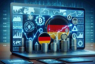 Realistic HD illustration of a symbolic representation for the concept of German government initiated cryptocurrency transfer that is causing market concerns. This should depict a large computer screen filled with graphs indicating fluctuations in the digital currency market, German emblems and symbols, and images of digital coins representing the cryptocurrency transferred.