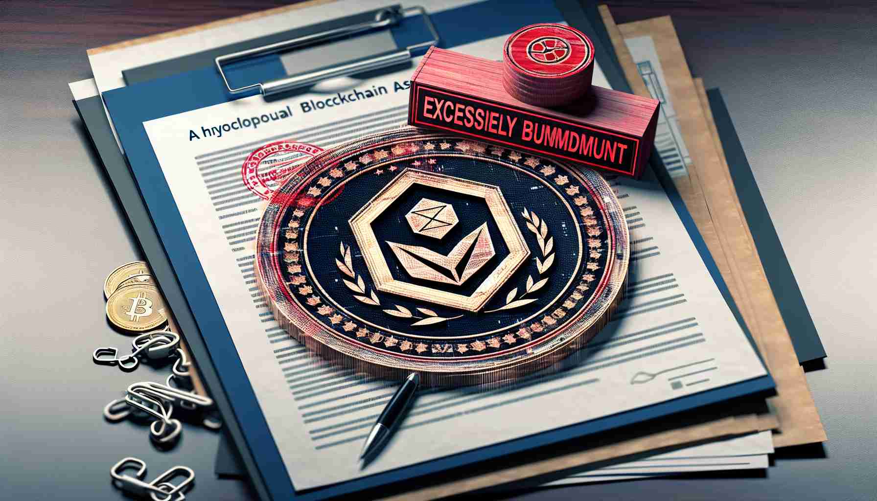 Detailed high-definition image representing an emblematic badge for a hypothetical Blockchain Association, with an overlaying document symbolizing Regulatory Rules. The document bears a large red stamp stating 'Excessively Burdensome'. The background should be professional looking, hinting an institutional setting.