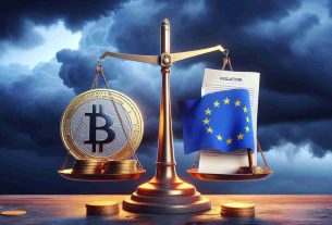 Generate a high-definition realistic image that metaphorically depicts the concept of the new European crypto asset regulations casting uncertainty over stablecoins. This could include a balance scale unsteadily balancing a coin labelled 'Stablecoins' and a document bearing the EU flag to signify regulations, under a looming stormy sky to signify uncertainty.