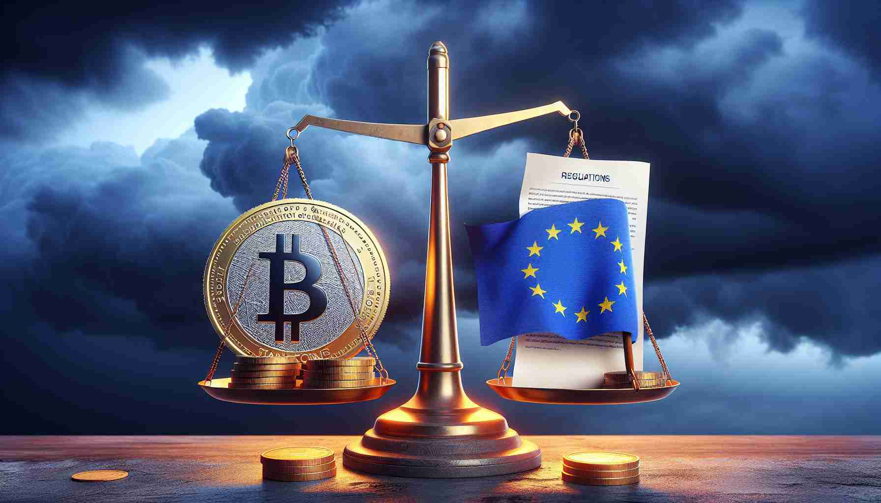 Generate a high-definition realistic image that metaphorically depicts the concept of the new European crypto asset regulations casting uncertainty over stablecoins. This could include a balance scale unsteadily balancing a coin labelled 'Stablecoins' and a document bearing the EU flag to signify regulations, under a looming stormy sky to signify uncertainty.