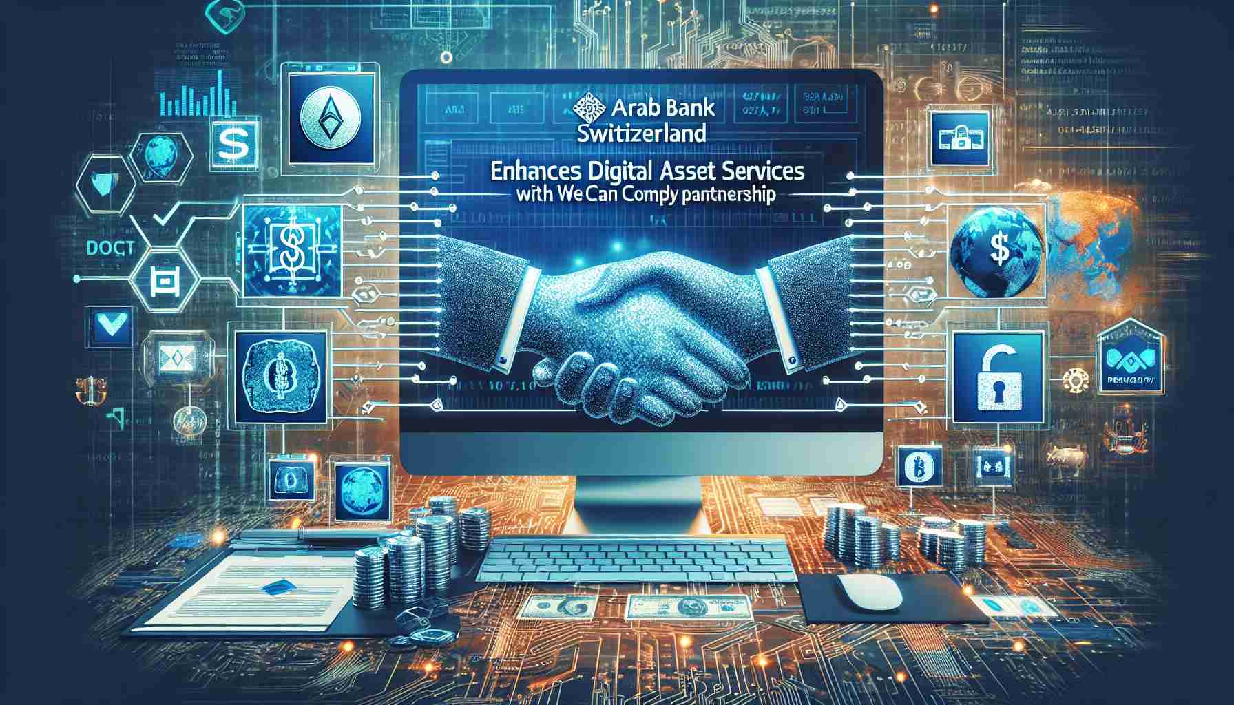 Generate a high-definition, realistic image presenting a text 'Arab Bank Switzerland Enhances Digital Asset Services with Wecan Comply Partnership'. The image should include elements hinting at digitization and finance, such as a computer display with banking software, cryptocurrency symbols, and secure transactions. Also incorporate symbols indicating a partnership, like a handshake or merging paths.