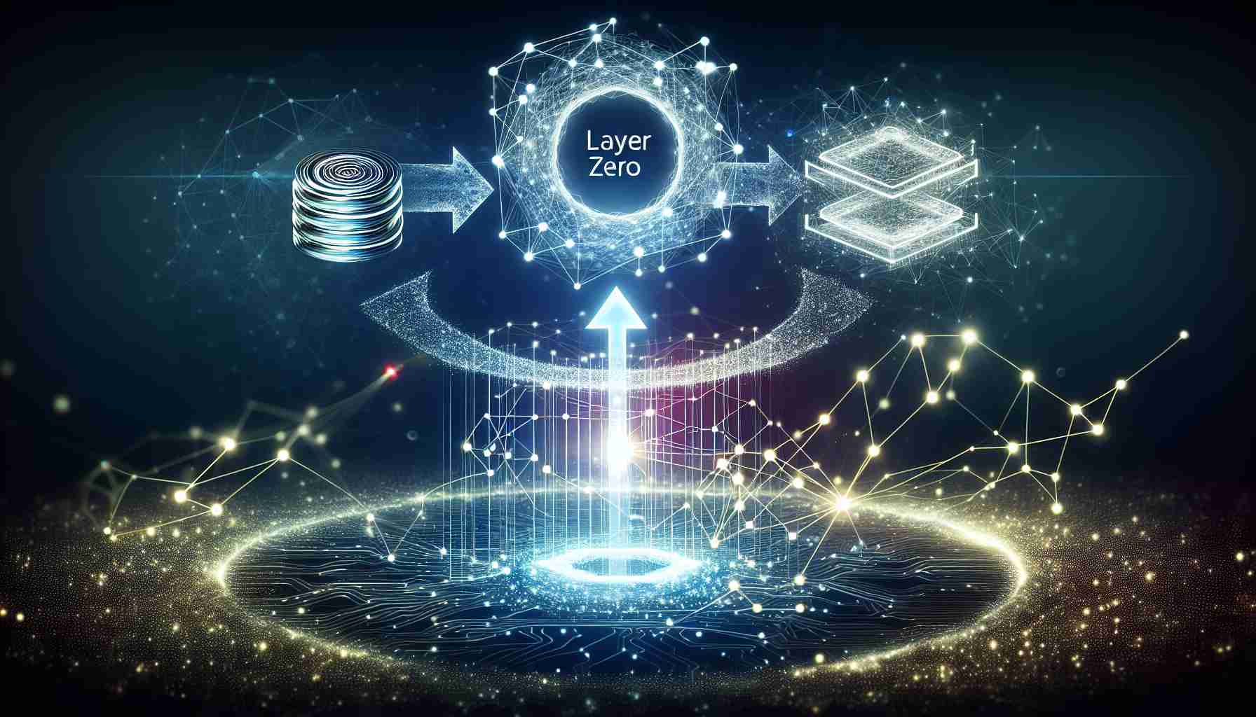 A high definition, realistic portrayal of the concept of LayerZero revolutionizing interoperability in the Web3 ecosystem. The image should symbolize a transformation or revolution, perhaps through the depiction of a digital network being transformed or enhanced. Key elements could be interconnected nodes symbolizing LayerZero, digital lines or waves to represent the Web3 ecosystem, and showing a shift from a previous state to a new, upgraded state to denote the revolutionary impact of LayerZero.