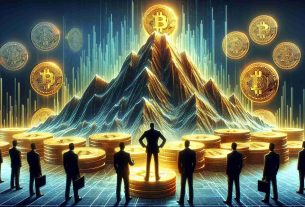 Detailed, high-definition image of a symbolic representation of Mt. Gox, depicted as a towering mountain with digital texture. Observing this scene are shadowy figures, symbolizing the markets, reacting with various emotions. In the foreground, a character representing the trustee, possibly dressed in a professional suit, is seen preparing to distribute large, golden, digitally glowing coins emblematic of Bitcoin.