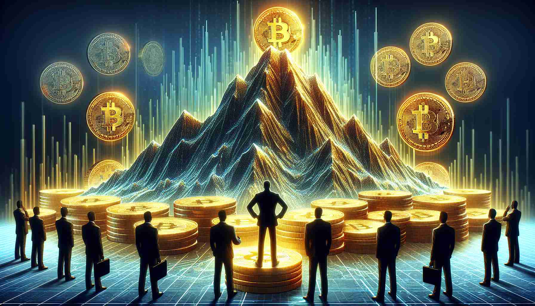 Detailed, high-definition image of a symbolic representation of Mt. Gox, depicted as a towering mountain with digital texture. Observing this scene are shadowy figures, symbolizing the markets, reacting with various emotions. In the foreground, a character representing the trustee, possibly dressed in a professional suit, is seen preparing to distribute large, golden, digitally glowing coins emblematic of Bitcoin.