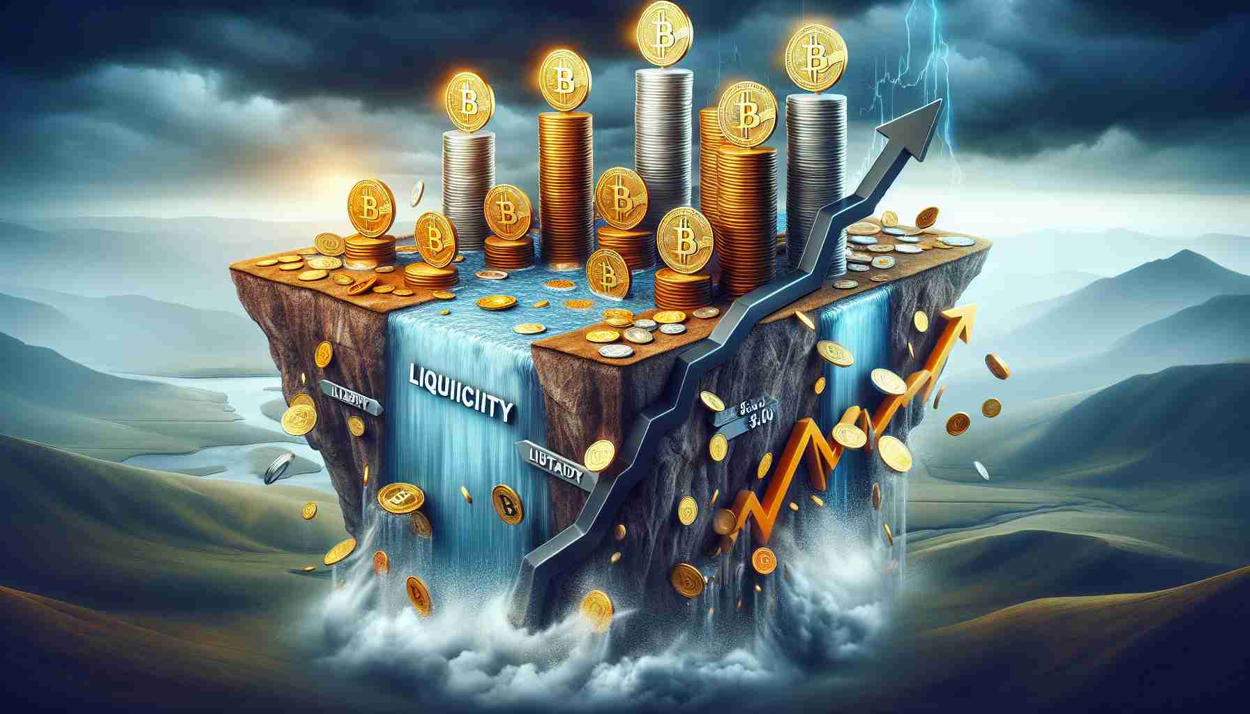 A detailed, high-quality image of a physical representation of a market scenario where various altcoin valuations are tumbling. Picture stacks of coins teetering on the edge of a precipice, ready to tumble down, and liquidity depicted as a river that has suddenly come to a stop, indicating a halt in the flow. The climate surrounding the coins is stormy, denoting the 'rumbling' market. The metaphoric elements of the image should help visually represent the abstract concept of cryptocurrency market dynamics.