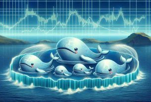 Generate a high-definition, realistic image of a metaphorical scene. This scene depicts the concept of cryptocurrencies, specifically Dogecoin, represented by large, cartoonish, friendly whales in a vast ocean. These whales are shown gracefully reducing their size, symbolizing the act of reducing their holdings of Dogecoin. To accompany this, include a chart-like depiction in the background made out of water current lines showing a downward trend.