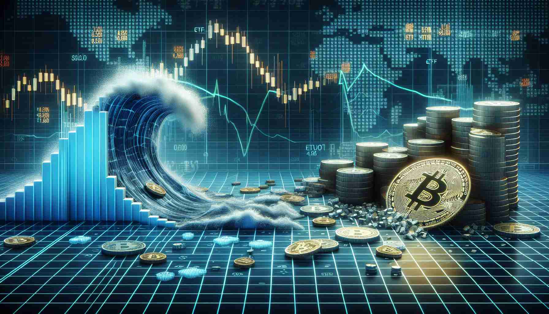 A detailed and realistic high-definition illustration showing a symbolic representation of the digital cryptocurrency market. The scene is dominated by a large wave, depicting Bitcoin, which is seen diving downwards. This represents a significant bear market in cryptocurrency trading. In the background, the imagery of ETFs, represented as traditional investment baskets, is shown to be experiencing outflows, with coins spilling out from them, indicating investors are withdrawing funds. The entire scene is set against a digital grid backdrop, reminiscent of financial market graphs, to represent the virtual nature of cryptocurrency.