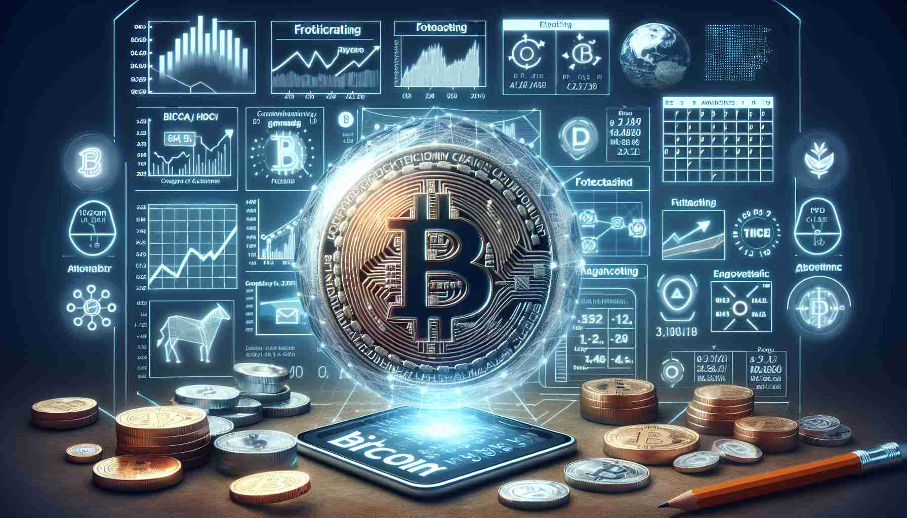 Generate a realistic, high-definition image that captures the concept of anticipating Bitcoin's future trends. Include elements such as Bitcoin logos, financial charts, forecasting analytics, important dates marked on a calendar, and other relevant symbols of potential future events.