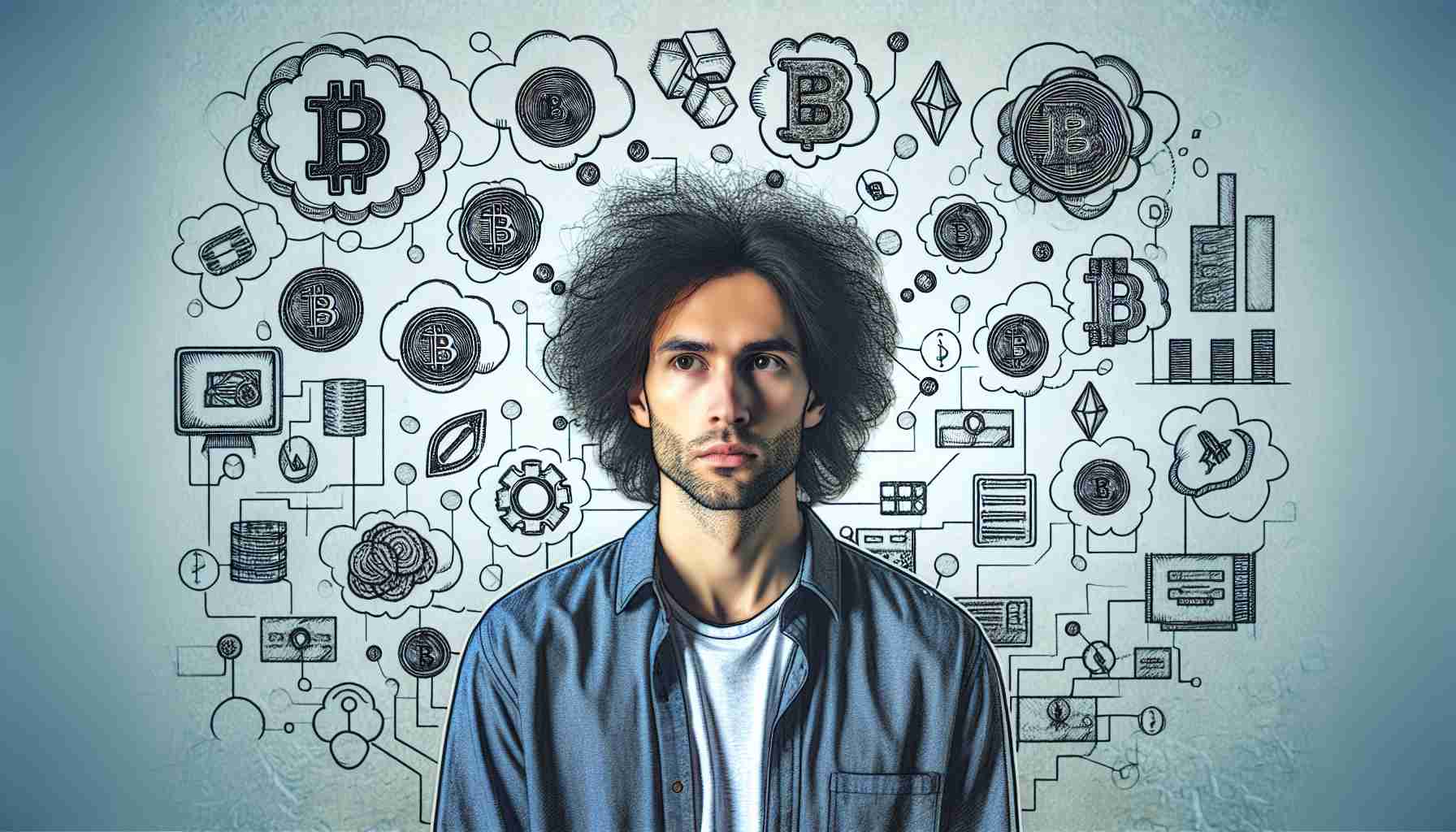 An HD picture of an anonymous male tech entrepreneur with frizzy hair, who is strongly associated with the world of cryptocurrency. This picture should also highlight his idealistic efforts within the crypto space. The man is drawn wearing casual attire, with thought-bubbles showing various symbols representing blockchain technology, digital currencies and cryptography.