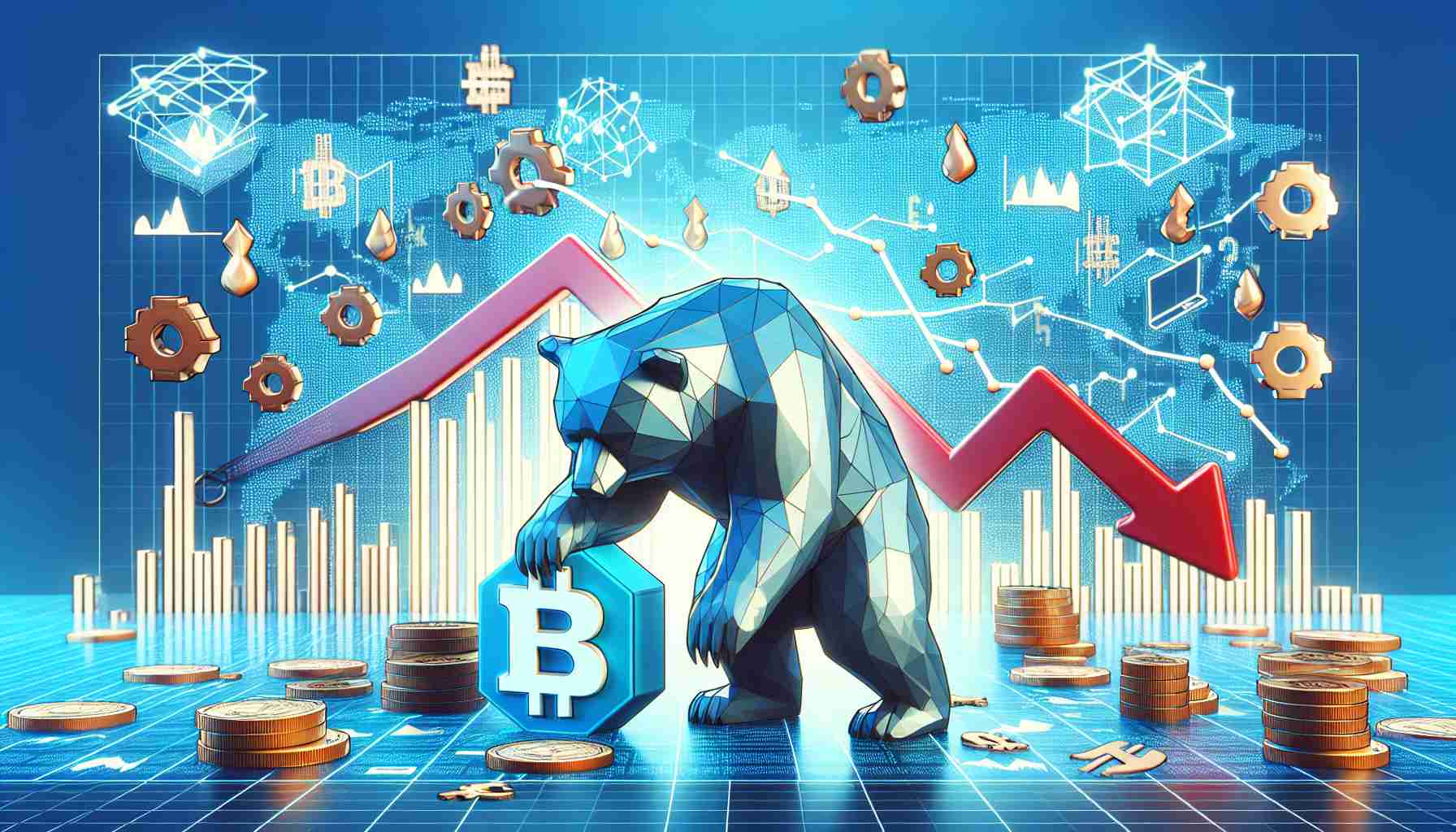 Generate a HD photo illustrating the concept of a bearish market trend influencing Chainlink cryptocurrency. The picture should convey the struggle of Chainlink amidst these market conditions. Consider using symbols and elements associated with finance, like descending graphs, downtrend arrows, and bear icons, as well as representations of Chainlink, like its logo, placed in a situation of difficulty or tension. The overall mood of the image should reflect the uncertainty and challenge of a market downturn, but maintaining a professional and realistic feel.