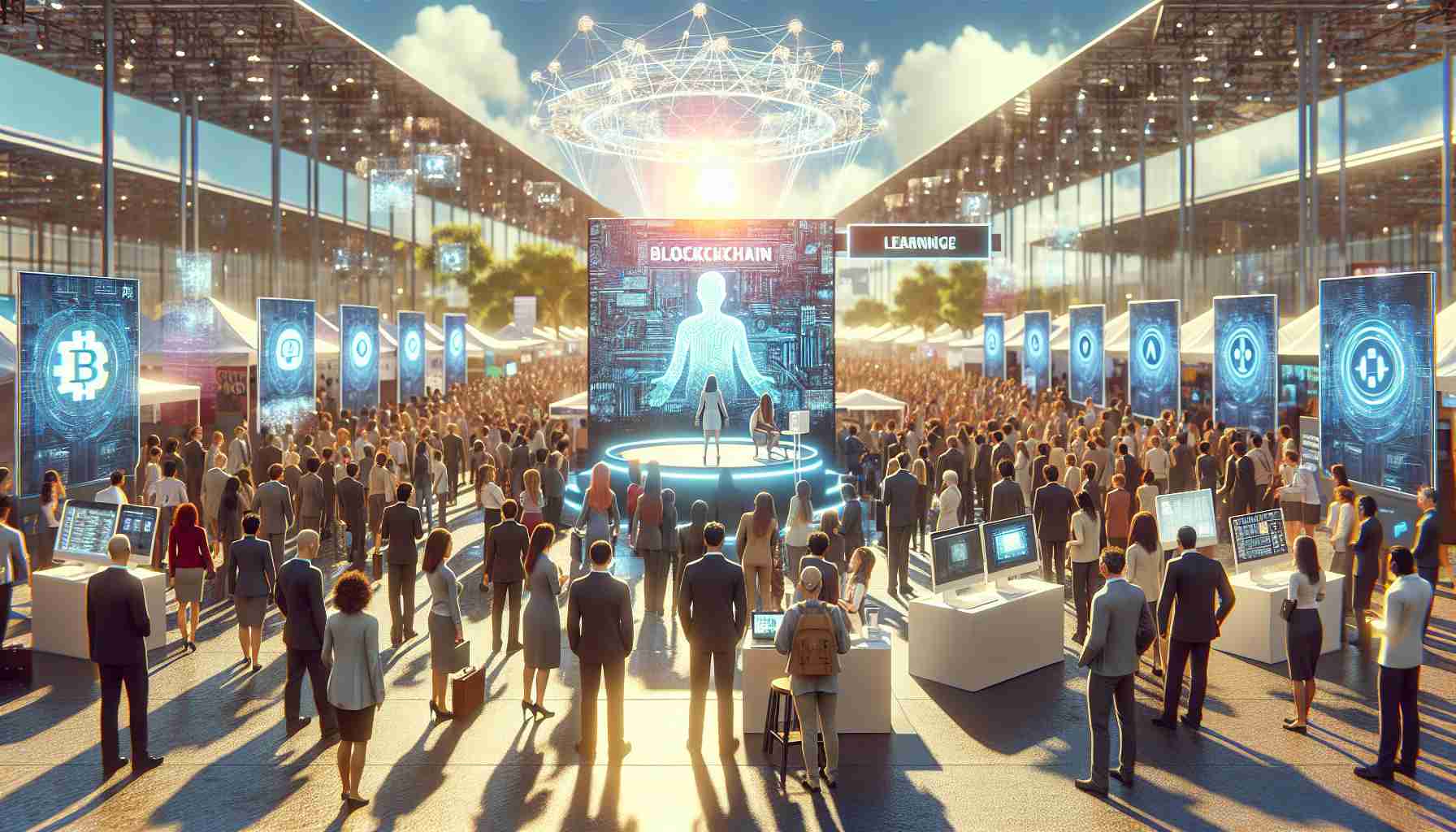 High-definition, realistic image of a future scenario in the year 2024. The image should depict an open career fair under a bright sky, full of individuals of a variety of descents like Caucasian, African, and Middle-Eastern, interacting with exhibit booths. Two main booths are the highlights - one labeled 'Blockchain' packed with individuals eagerly learning about opportunities in blockchain technology, and another labeled 'Artificial Intelligence (AI)', where a female South Asian professional is delivering a captivating presentation on the prospects and potential of AI.