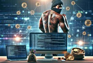 A realistic high-definition image depicting a scene of cryptocurrency intrusion. This presents the digital dilemma faced by a muscular, tattooed, African-American rap artist, without revealing his identity. The scene includes sophisticated computers, lines of complex code on screens, scattered bitcoins, and abstract internet icons, capturing the tension and intrigue of the digital world.