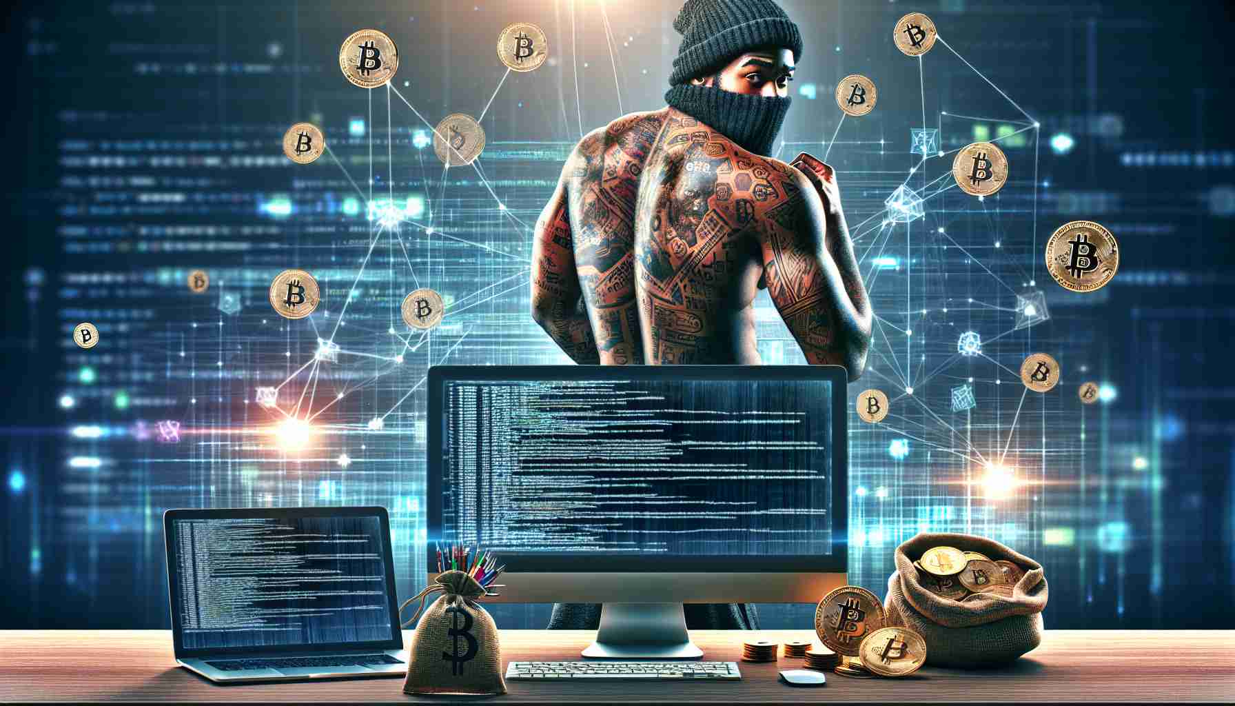 A realistic high-definition image depicting a scene of cryptocurrency intrusion. This presents the digital dilemma faced by a muscular, tattooed, African-American rap artist, without revealing his identity. The scene includes sophisticated computers, lines of complex code on screens, scattered bitcoins, and abstract internet icons, capturing the tension and intrigue of the digital world.