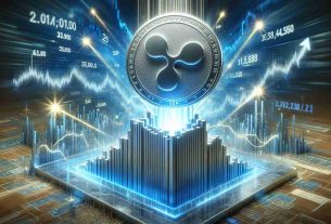 An intricate, realistic, high-definition image of Ripple's XRP logo perched on a growing, brightly lit bar chart, symbolizing a potential surge. The logo itself is metallic and gleams with light. Below it, there is a flurry of numbers, arrows, and lines, indicating the speculative forecasts. The backdrop is a dynamic blend of blues and whites, resembling the stock market's hustle and buzz.