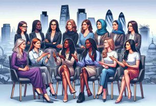 High definition image showcasing a panel event in London, featuring strong women from different descents such as Caucasian, Hispanic, Black, Middle-Eastern, South Asian, and White. These women are representing various roles in the field of blockchain technology, exchanging ideas, and empowering each other.