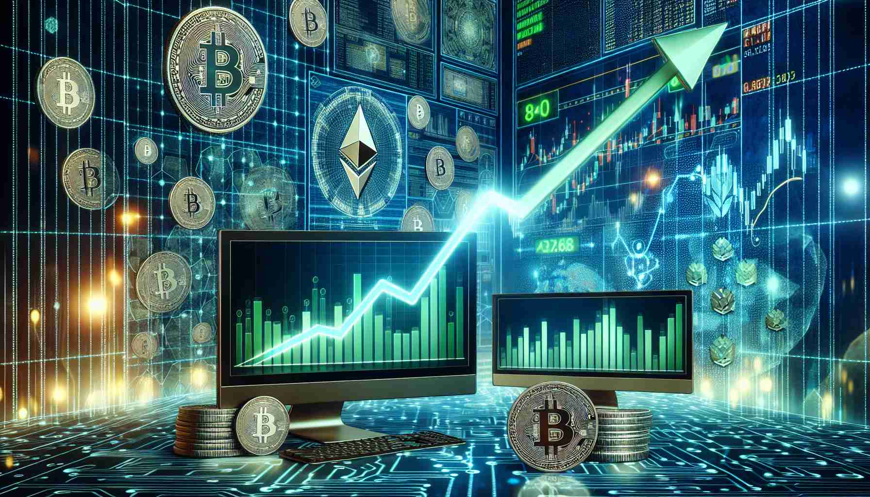 A high-definition, realistic image showing significant progress in the cryptocurrency sector. Picture a graph with upward trending lines indicative of robust profit margins and expanding market share. The backdrop contains motifs of digital currency, such as stylized representations of Bitcoin, Ethereum coins and a variety of blockchain networks. Display computer screens with bright green numbers and charts interspersed throughout the scene to symbolize the active trading environment.