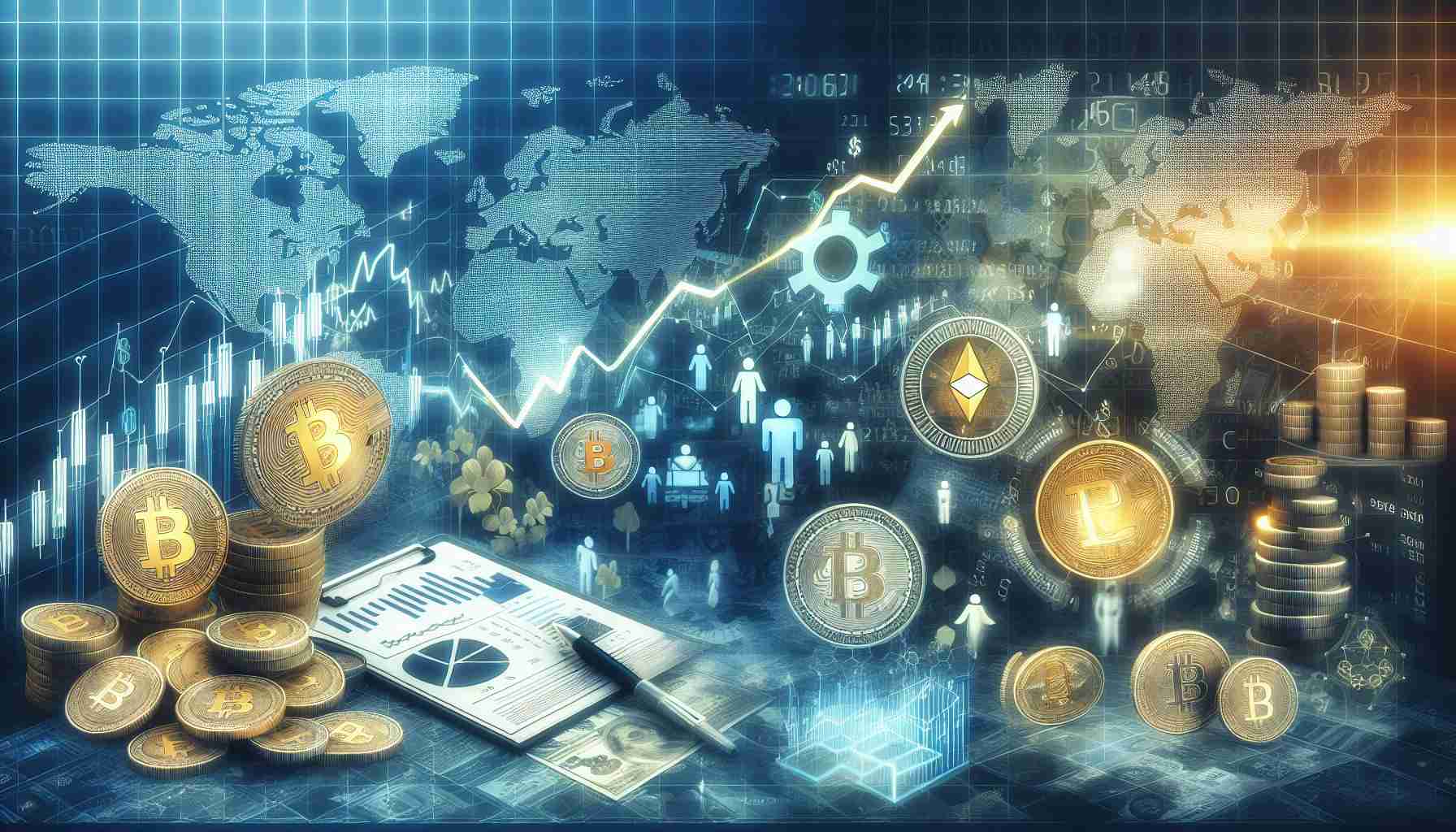 A high-definition, realistic image that visually represents the growth of investments in cryptocurrency. The image could show images of coins with cryptic symbols, graphs to indicate rising trends, and global tech fans ecstatic about their investments. There could be some documents or screens highlighted with numbers and statistics to represent market analysis and investment strategies. A world map could be included to signify the global reach of cryptocurrency investments.