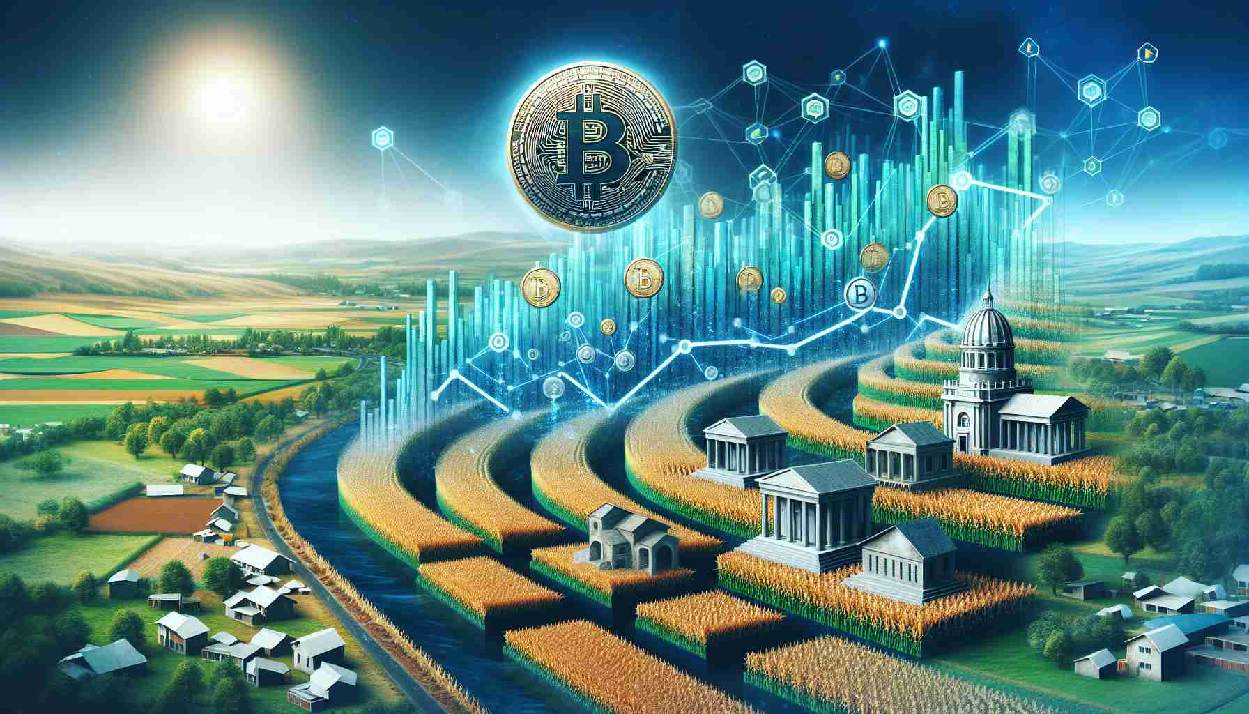 A highly detailed, realistic image representing the rise of yield-bearing stablecoins within the financial landscape. The image may display a virtual landscape with symbolic representations of different elements. Traditional financial institutions like banks may be shown as physical buildings, while digital assets like the stablecoins are potrayed as intangible elements hovering or emerging from this landscape. Possible symbols for yield-bearing could include crops or trees. The image is meant to symbolize the transformation and coexistence of traditional and digital financial systems.