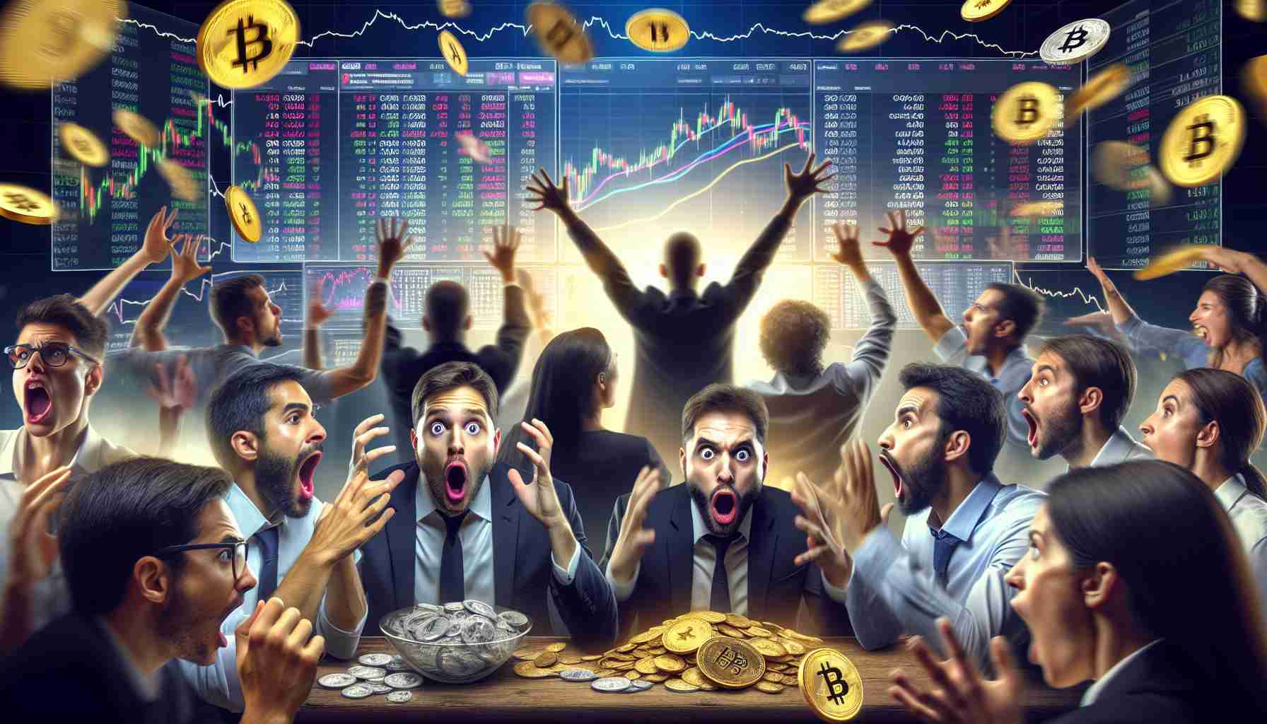 A high-definition image capturing the essence of cryptocurrency betting causing discord among traders on a platform called Polymarket. This scene should portray different traders each expressing a unique emotional reaction – tension, surprise, excitement. To enrich the environment, include elements like a scattering of cryptocurrency coins, a distantly visible stock market ticker, and detailed display of digital trading portfolios on the screens of various devices. Capture a diverse range of trader descents including Caucasian, Hispanic, Black, Middle-Eastern, South Asian while ensuring gender balance, thus representing diversity in the world of trading.