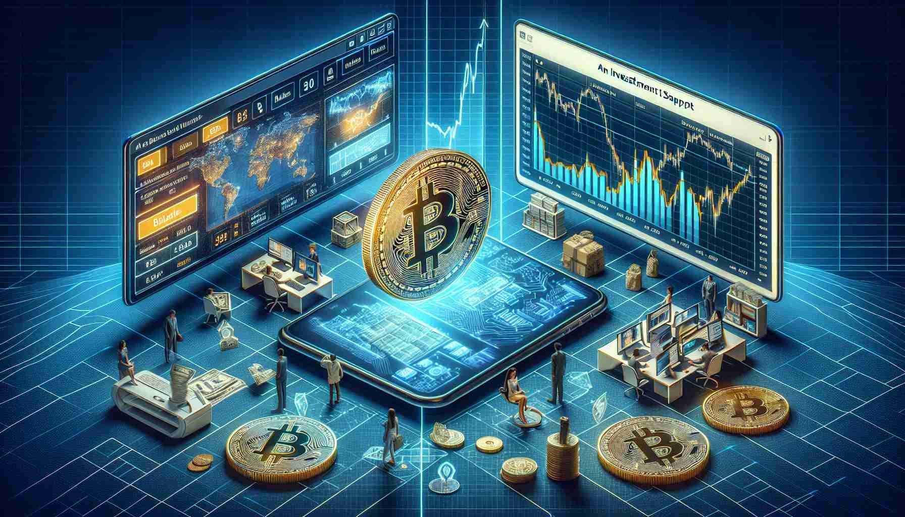 Generate a realistic high-definition image that visualizes the concept of Bitcoin's dual appeal in today's market. This could include a split image with one side showing its use as a virtual currency for transactions, illustrated by a typical online shopping scene, and the other side portraying Bitcoin as an investment vehicle, symbolized by a graph showing upward trend. Please include the phrase 'An Investment Snapshot: Bitcoin's Dual Appeal in Today's Market' somewhere in the image.