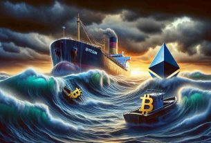 A high-definition, highly realistic image depicting the metaphorical representation of choppy sea waters symbolising the ups and downs of crypto markets. There's a large boat named Bitcoin and a smaller one named Ripple, both struggling against high tidal waves - indicating crucial resistances. In contrast, another vessel named Ethereum is depicted with more stability, finding its footing amidst the turbulent sea, suggesting it has found support. The drama is captured during a stormy sunset, adding to the suspense of the scene.