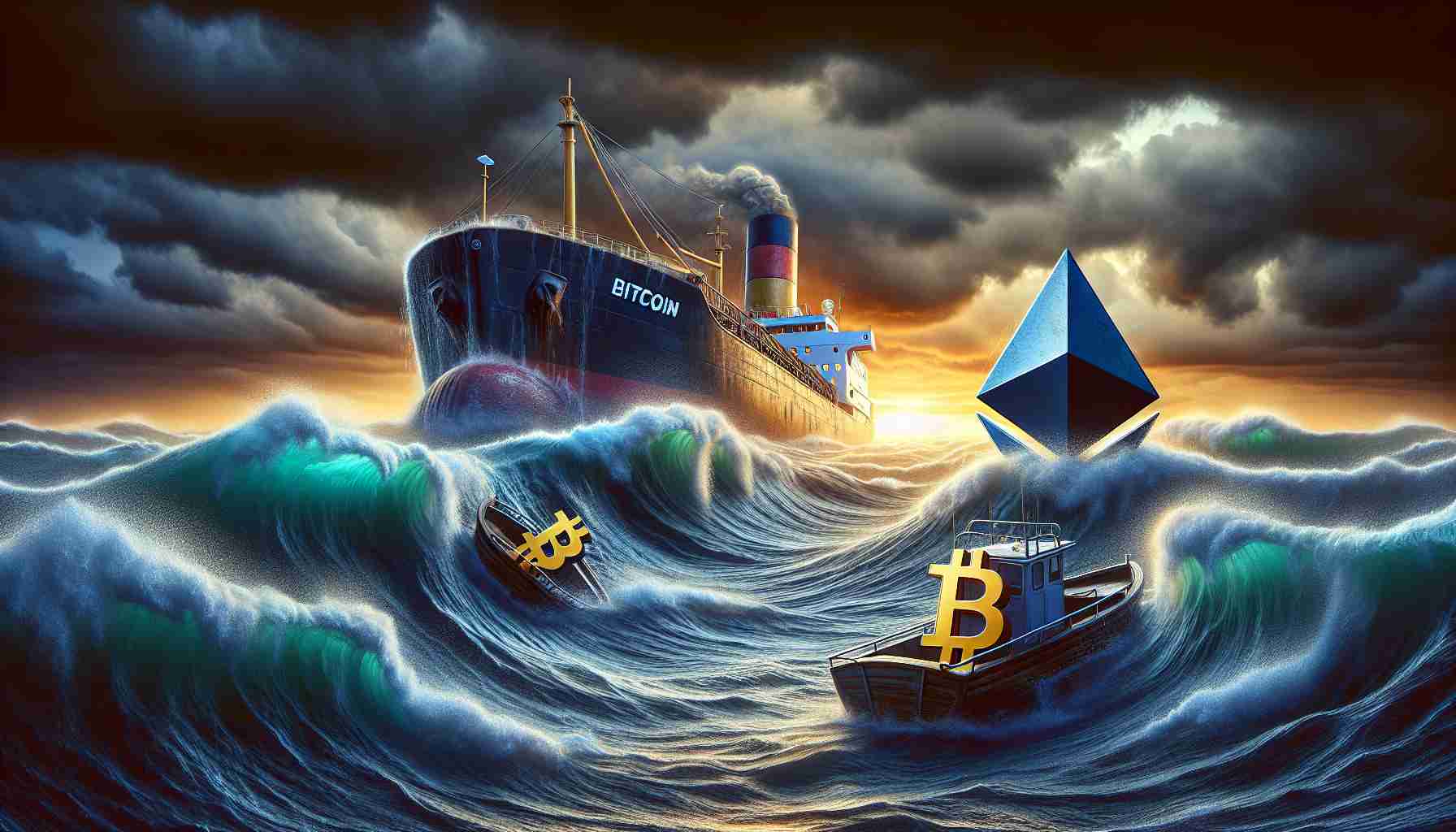 A high-definition, highly realistic image depicting the metaphorical representation of choppy sea waters symbolising the ups and downs of crypto markets. There's a large boat named Bitcoin and a smaller one named Ripple, both struggling against high tidal waves - indicating crucial resistances. In contrast, another vessel named Ethereum is depicted with more stability, finding its footing amidst the turbulent sea, suggesting it has found support. The drama is captured during a stormy sunset, adding to the suspense of the scene.