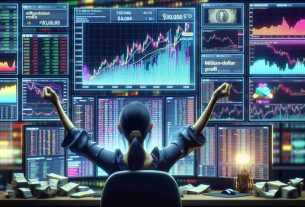 A high-definition, realistic image of a successful crypto trader, of South Asian descent and female gender, sitting in front of multiple trading screens displaying various colorful graphs and charts. She's in the midst of a celebratory moment, realizing that her insightful trading decisions have led to a million-dollar profit. A notification of the gained profit is prominently displayed on one of the screens.