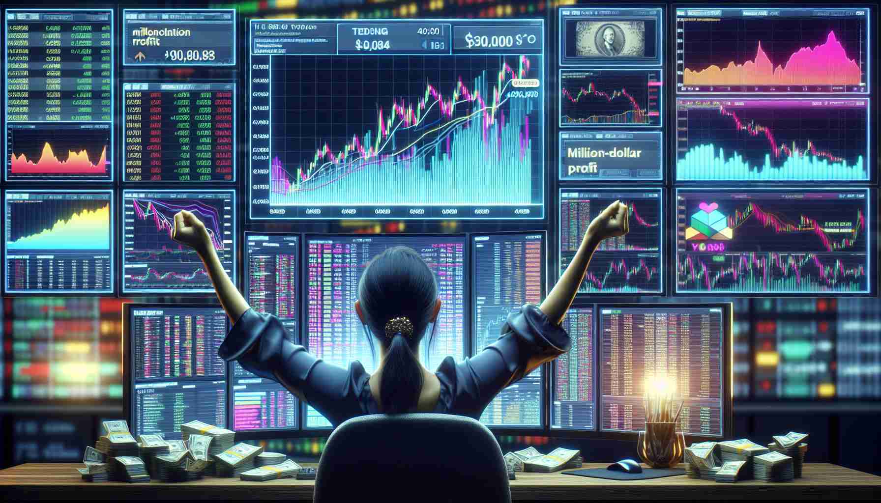 A high-definition, realistic image of a successful crypto trader, of South Asian descent and female gender, sitting in front of multiple trading screens displaying various colorful graphs and charts. She's in the midst of a celebratory moment, realizing that her insightful trading decisions have led to a million-dollar profit. A notification of the gained profit is prominently displayed on one of the screens.