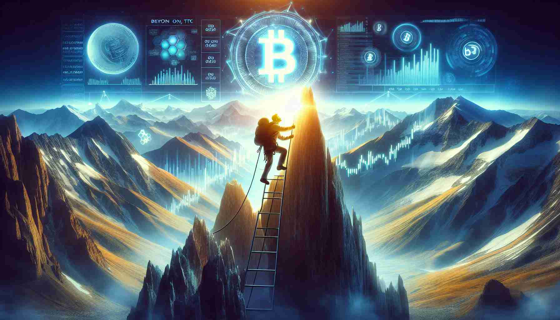 A high-definition, realistic image depicting the concept of a crypto journey being elevated with Beyond OTC. Picture a climber scaling a majestic mountain range that symbolizes the challenges and uncertainties of trading in cryptocurrency. The figure of the climber is imbued with a radiant glow to represent Beyond OTC which aids the journey. In the backdrop, a panoramic view of the crypto market with symbolic representations such as graphs, statistical charts, and digital coins is visible. The overall mood of the image is of determination, progress, and the excitement of discovering new heights.