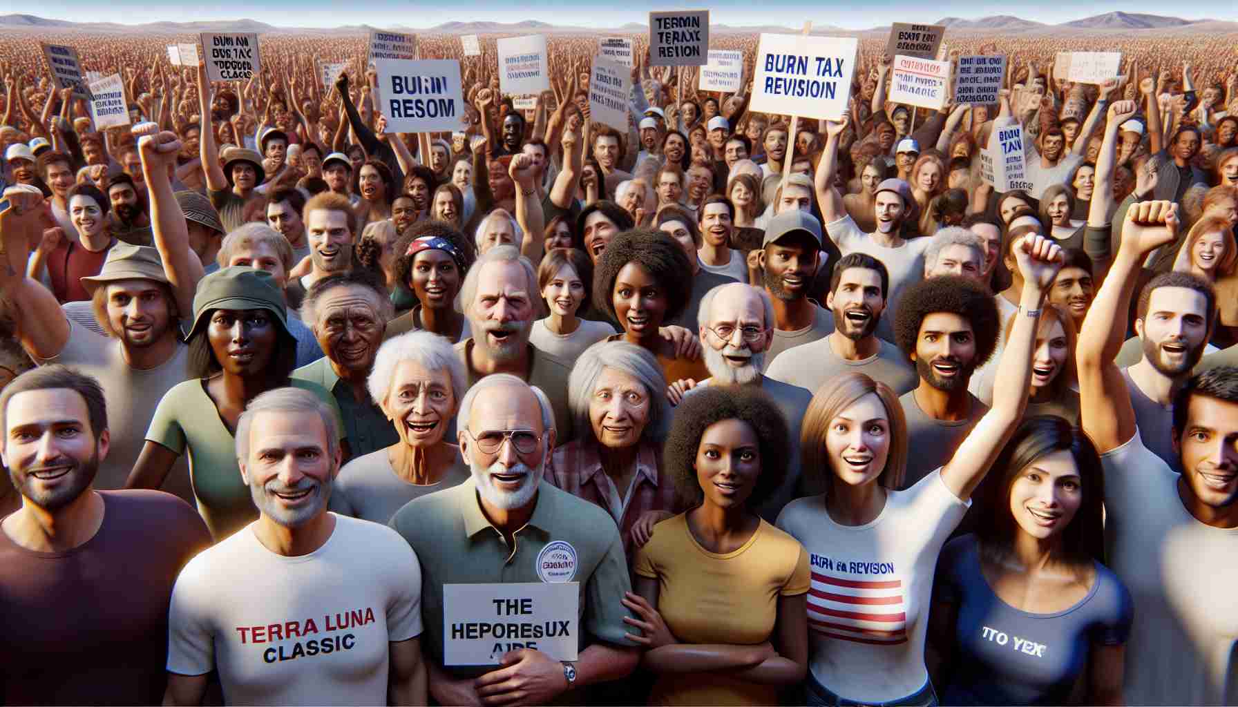 A hyperrealistic, high-definition image depicting an array of diverse people, including middle-aged Caucasian men, young Black women, elderly Middle-Eastern individuals, and South Asian kids, all expressing strong enthusiasm and support. They're gathered for a cause - the 'Burn Tax Revision' of a hypothetical product called 'Terra Luna Classic'. Their supportive signs, t-shirts, and hats display the name and slogan of the cause. The atmosphere is buzzing with excitement and unity, reflecting overwhelming popular support for the cause.