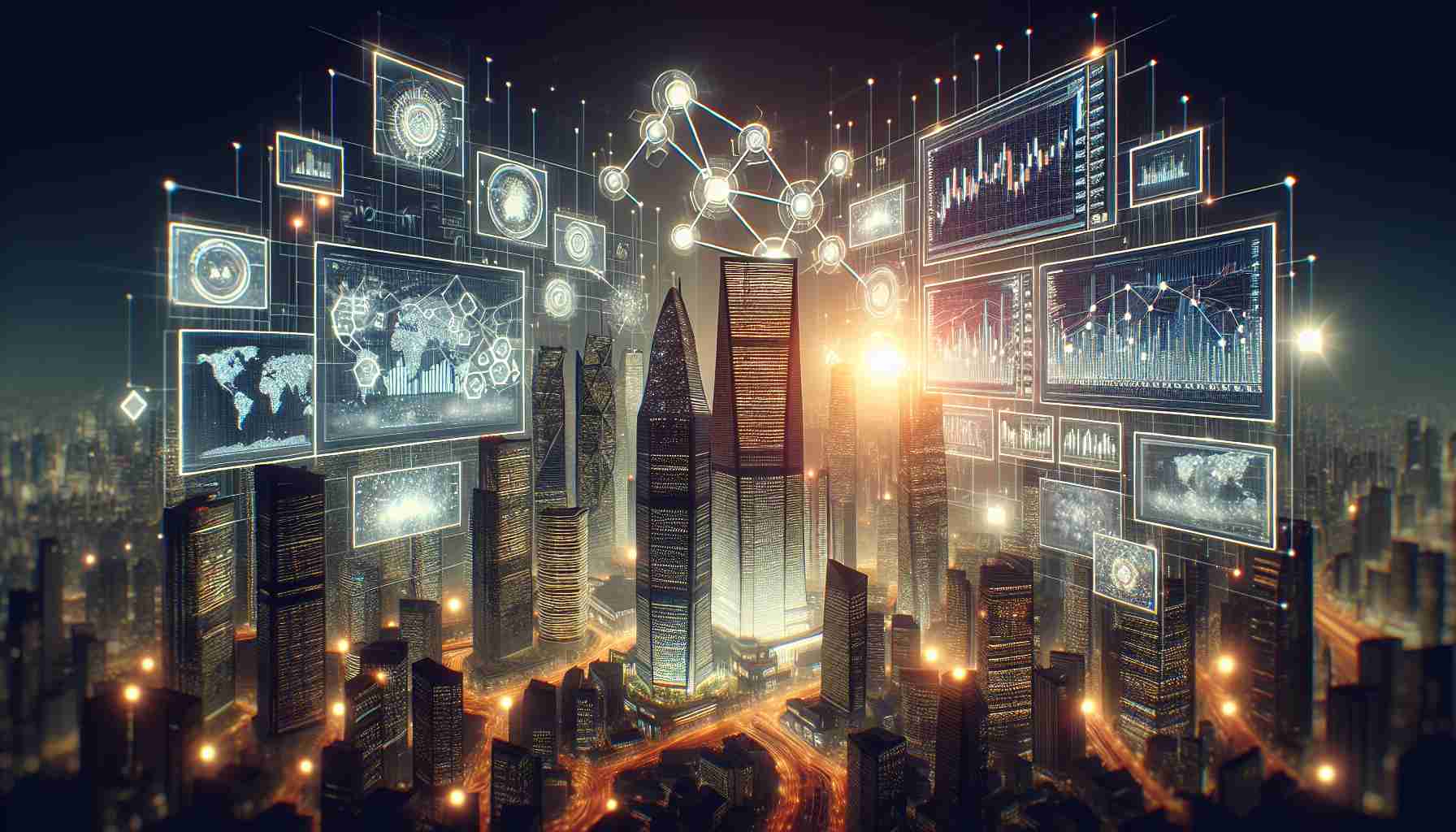 Create a realistic high-definition image showing sophisticated trading data being delivered to the Sui Blockchain Ecosystem with the use of bird-eye's view technology. The view should encompass high-rise buildings symbolizing the blockchain ecosystem, shrouded in an atmosphere of advanced technology. In the foreground, have many screens displaying complex charts, graphs, and data visualizations representing a highly advanced trading system. Include glowing lines and nodes to represent connectivity, symbolizing the integration between trading and blockchain technology.