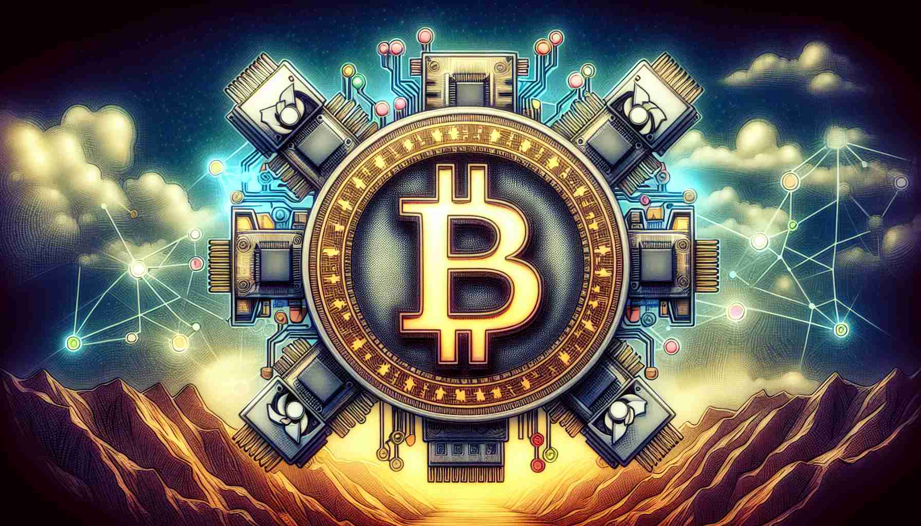 High definition, realistic image of an abstract concept illustrating the fusion of a well-known German telecommunications company with bitcoin mining and blockchain services. Picture an emblem that marries traditional telecommunication symbols with imagery associated with bitcoin mining, such as graphic cards, computers, network connections, and blockchain networks. Avoid specific company logos and focus on the general concept.