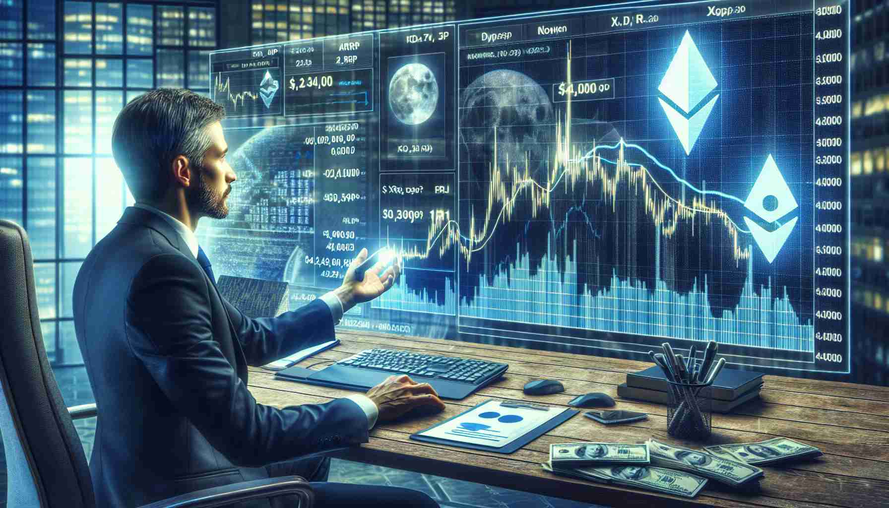 Realistic, high-definition digital imaging of a trader who is forecasting that the price of the crypto asset XRP could increase six-fold amidst the volatility in the cryptocurrency market.