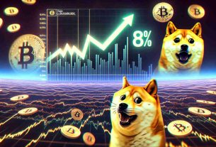 Generate a realistic, high definition image of a graph showing an 8% surge in the value of a representative cryptocurrency amid a volatile market. There should be a dramatic upward curve, indicative of the surge, set against a backdrop of a chaotic, fluctuating market. This market can be symbolized with wavering lines or other commonly used statistical visuals. To allude to the idea of 'Dogecoin' without infringing any policies, include a friendly, cartoon-like dog character, representative of Shiba Inu, observing the proceedings with a surprised or excited expression.