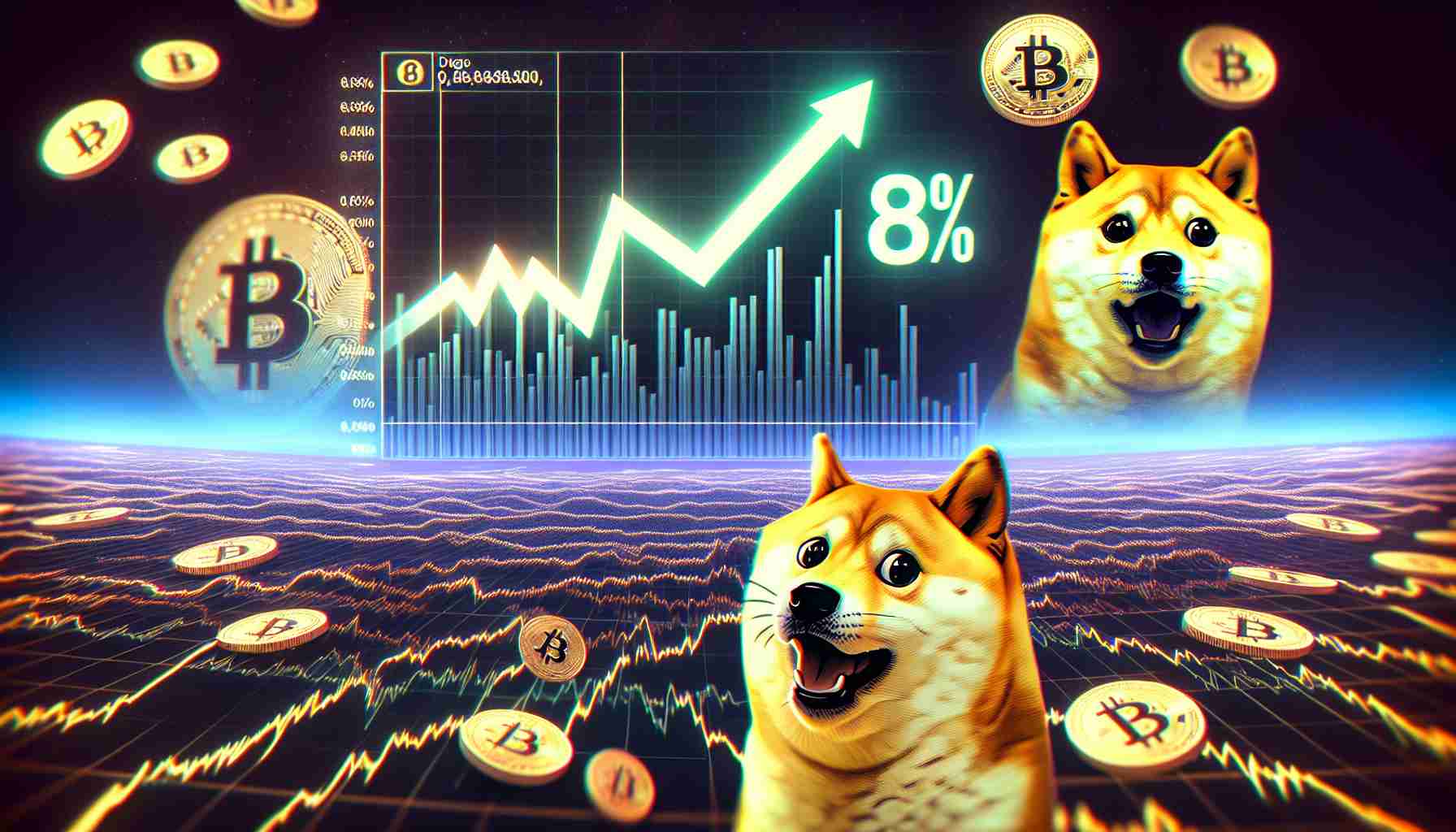 Generate a realistic, high definition image of a graph showing an 8% surge in the value of a representative cryptocurrency amid a volatile market. There should be a dramatic upward curve, indicative of the surge, set against a backdrop of a chaotic, fluctuating market. This market can be symbolized with wavering lines or other commonly used statistical visuals. To allude to the idea of 'Dogecoin' without infringing any policies, include a friendly, cartoon-like dog character, representative of Shiba Inu, observing the proceedings with a surprised or excited expression.