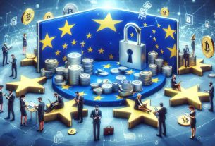 A high-definition, realistic image of a conceptual representation of European cryptocurrency markets adapting to MiCA (Markets in Crypto-assets) regulatory standards. The scene could include symbolic elements like the European flag, a secure lock representing regulation, cryptocurrency icons, and perhaps individuals engaged in crypto transactions. The individuals can be men and women of a mix of descents such as Caucasian, Hispanic, and Middle-Eastern. They could be depicted using technology devices to conduct trade or exchange of crypto-assets.