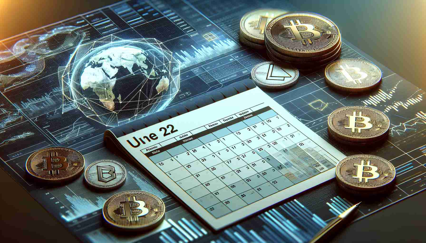 A realistic, high-definition image showcasing an abstract visual representation for the analysis of promising altcoins for June 2024. The image could include elements such as coins, graphs, charts or a calendar page open to the month of June 2024.