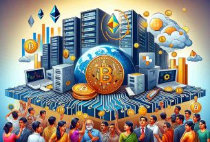 A high-definition, realistic illustration representing the rise of cryptocurrency in India. The image should depict a symbolic representation of cryptocurrencies such as Bitcoin or Ethereum, with elements like computer servers, digital charts, line graphs, and perhaps even coins with the cryptocurrency logos on them. To illustrate challenges, incorporate depictions of confusing legislation, possible internet connectivity issues, and social barriers to adoption. There might also be a visualization of a diverse group of Indian people showing various reactions—some excited about the potential, others skeptical or confused.